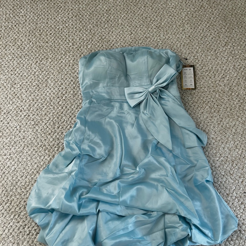 Blue Ruched Strapless Fit and Flare Dress